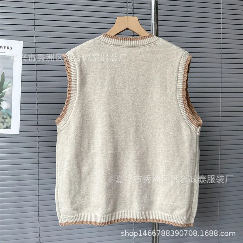 Autumn New Sweater Vest Chaleco Mujer Japanese Loose Cardigan Waistcoat Sweet Wave Point Knitwear Top