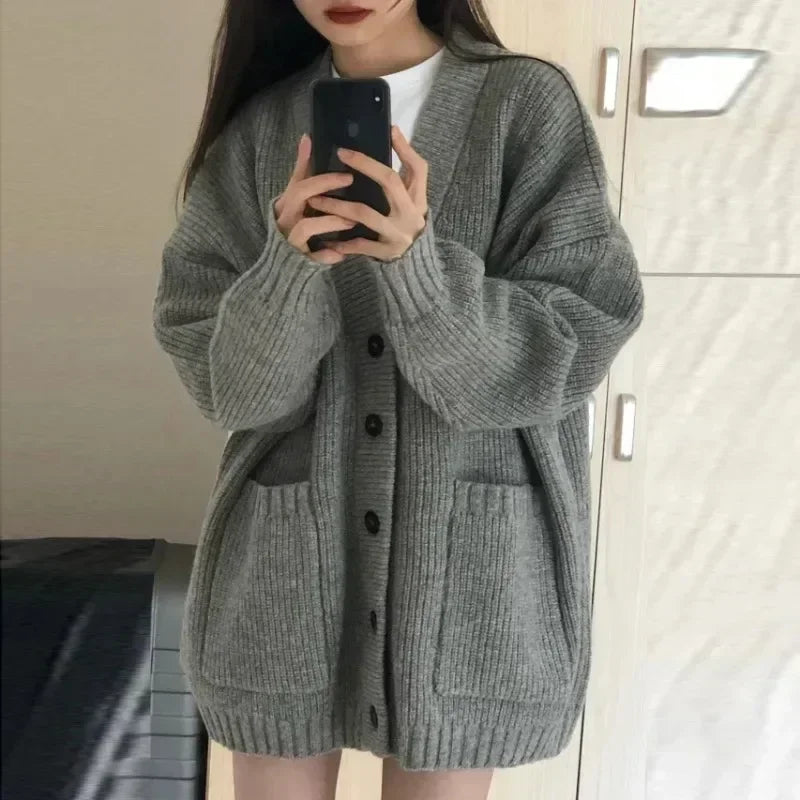 Autumn Winter Cardigan Sweater Coats Female Long Sleeve V-neck Loose Knitted Jackets Sweater Cardigans