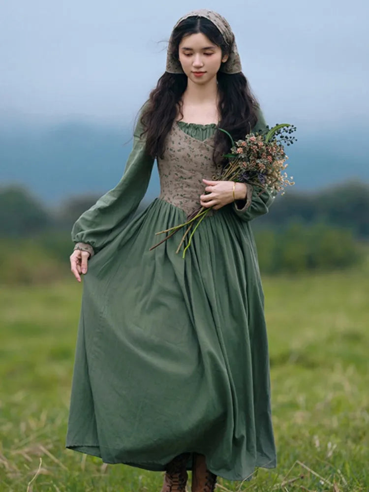 Autumn Long Dresses for Country Style Mori Slim Long Sleeve Fake Twopiece Dress Robe