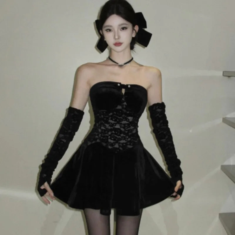 Y2k Gothic Strapless Mini Dresses Black Velvet Lace Patchwork Evening Party Dress A-line Slim Prom Vestidos Mujer New