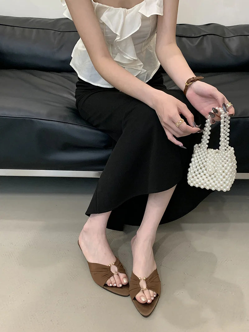 Pleated Silk Hollow Out Metal Buckle Slippers Sandal Summer Pointed Toe Low Thin Heels Beach Party Female Shoes
