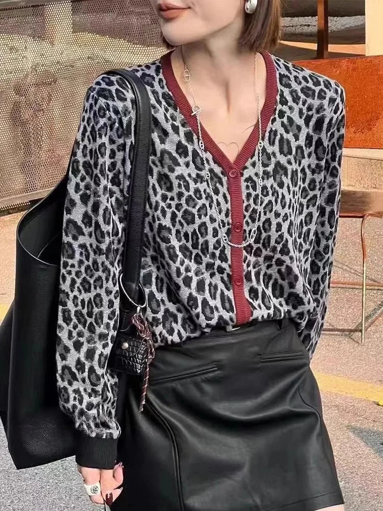 Knitted Sweaters for Long Sleeve Jumpers New Autumn Winter Leopard Loose Single Breasted Cardigan