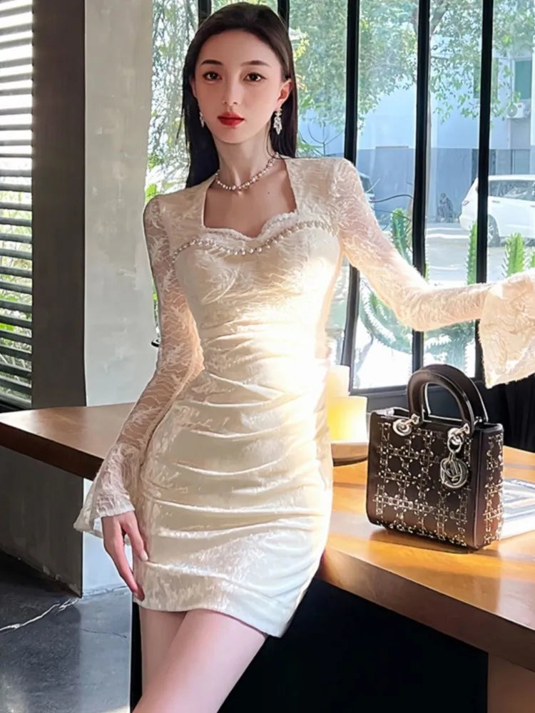Lace Patchwork Dresses Flare Long Sleeves Bodycon Evening Party Mini Dress Spring Female Slim Vestidos Mujer