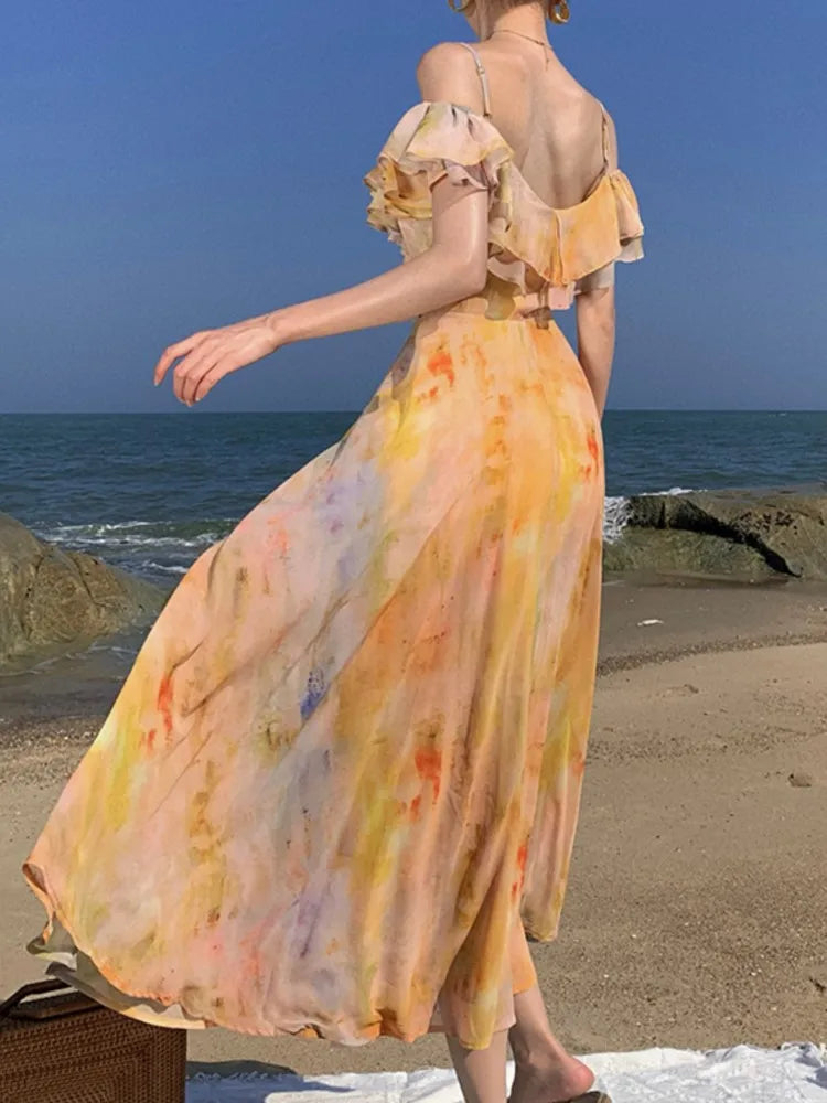 Print Midi Dress Sleeveless Spaghetti Strap Aline Beach Holiday Clothes Female Summer Dresses Vestidos