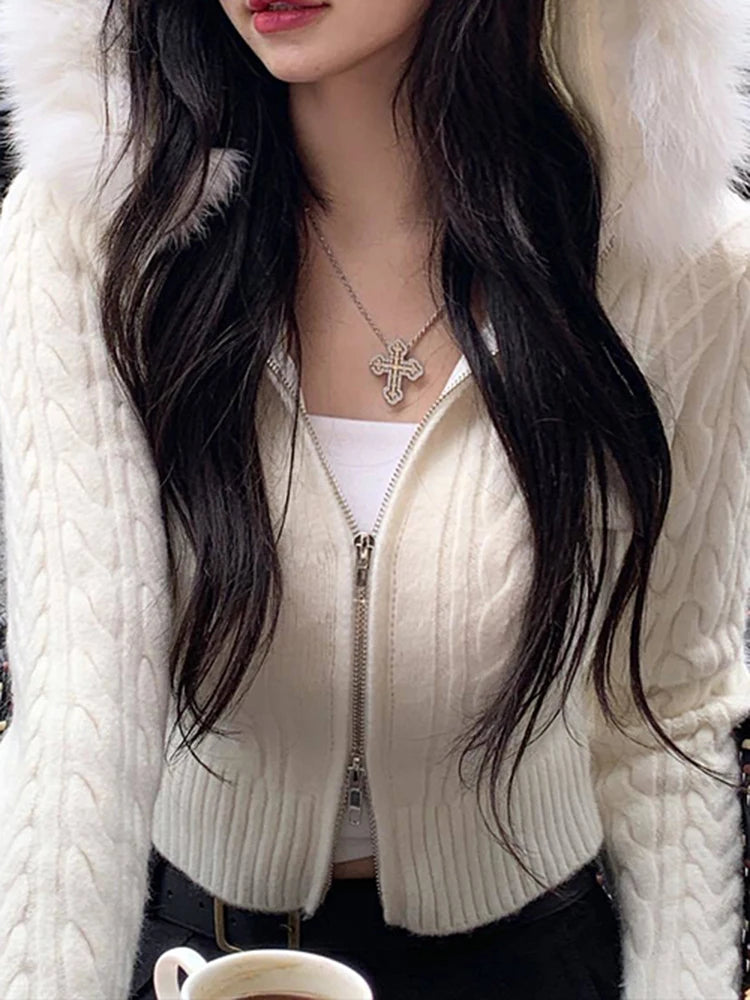 White Slim Zip Up Hooded Cropped Sweater Cardigan Autumn Winter New Sweet Coquette Fluffy Outerwear