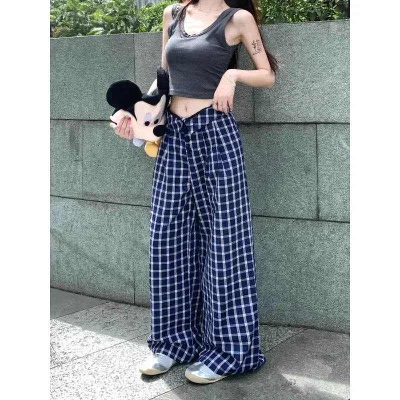 Multibutton Loose Pants Summer New Korean Contrast Color Plaid All Match Wide Leg Pants