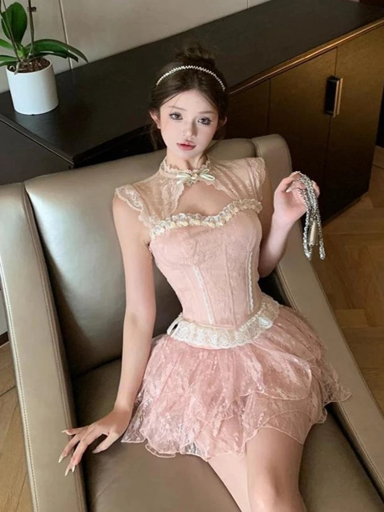 Sweet 2 Piece Skirt Sets Female Bow Lace Patchwork Y2k Corset Blouse + Mini Skirts Japanese Lolita Suits Summer New
