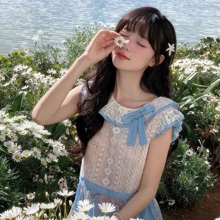 Sweet Oil Painting Style Dress for Summer New Atmosphere Bow Lace Round Neck Aline Party Long Dresses