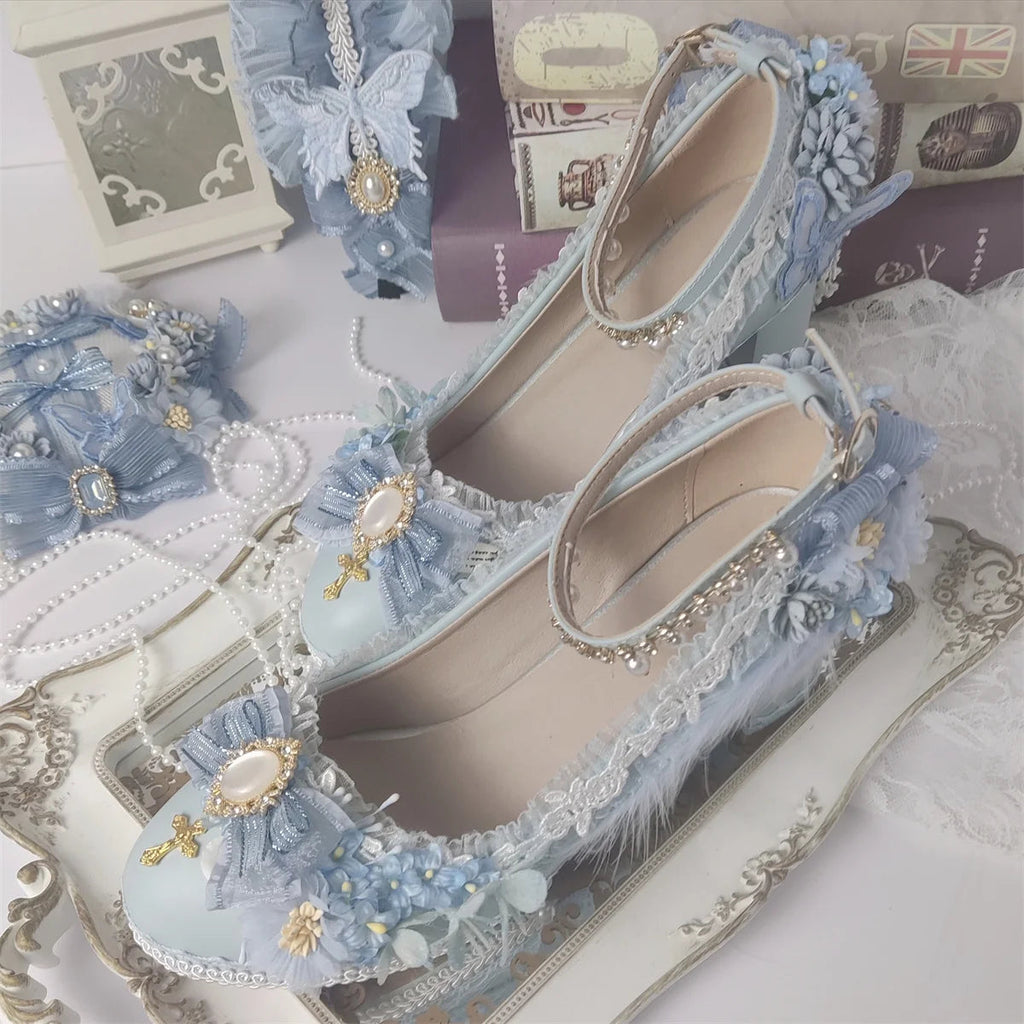 Sweet Lolita Retro Court Style Cosplay Loli Flower Wedding Gem Flower Ribbon Plush Bow 68 Cm High Heel Shoes