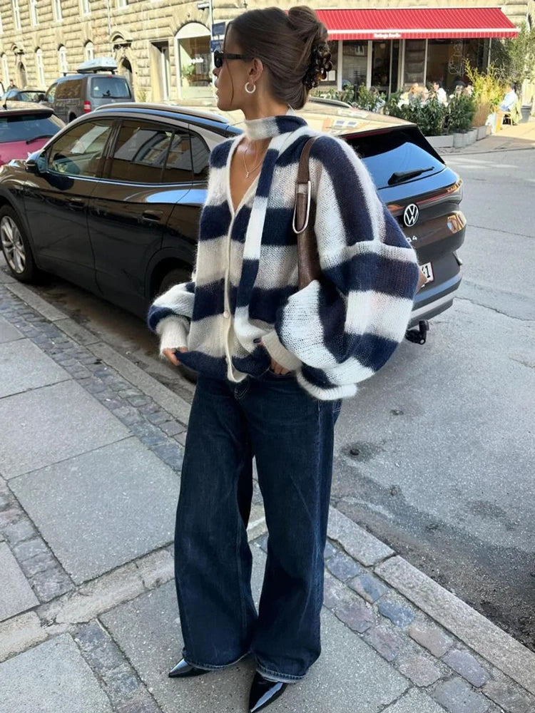 V-neck Scarf Sweater Cardigan Female Contrast Patchwork Autumn Hollow Out Outwear ’s Knitwear Coat Cardigan