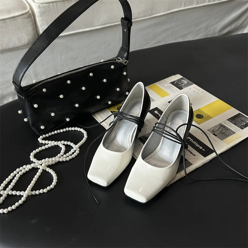 Squaretoed Mary Jane Shoes Pumps Mixed Colors Designer Slingback Shoes Female Retro Ankle Straps High Heels Mary Jane