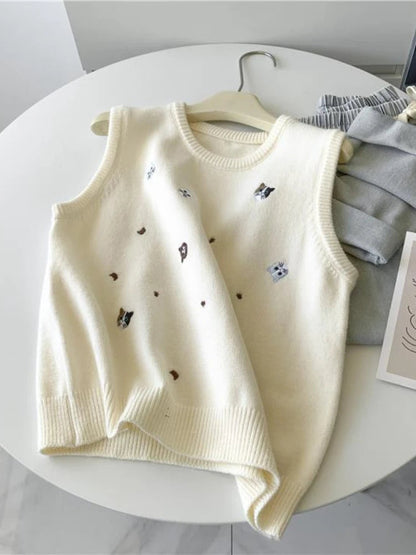 Korobov Cat Embroidery Preppy Sweater Vest Female Chalecos Para Mujeres Grey Temperament Autumn Loose Knitted Waistcoat Top