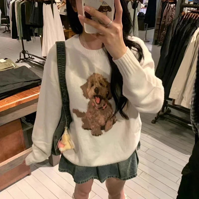Kawaii Cartoon Dog Sweater Y2k Harajuku Print Knitted Pullovers Korean Long Sleeve Knitwear Winter Jumpers