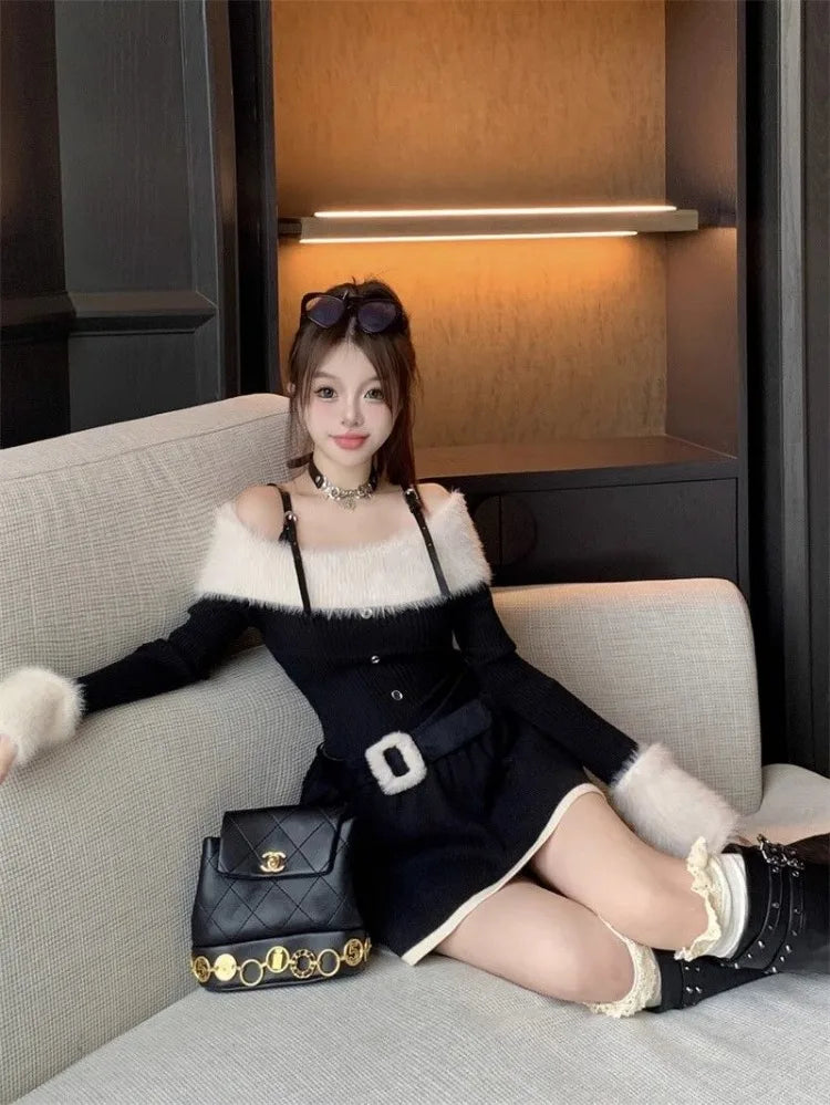 Knitted Dresses Autumn Winter Long Sleeve Slash Neck Slim Mini Dress Party Female