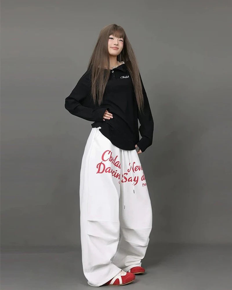 Letter Print Sweatpants American Loose Trousers Y2k Hip Hop Drawstring Wide Leg Pants