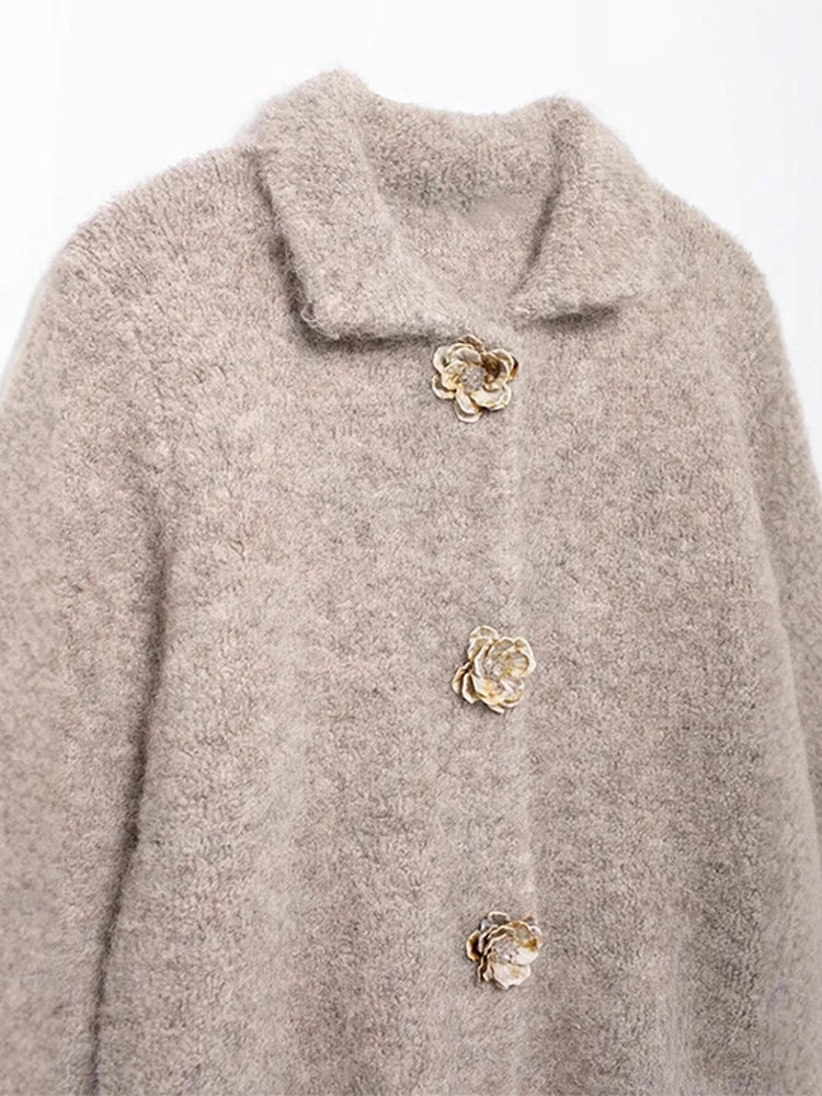 3d Flower Button Cardigan Thick Plush Lapel Single Breasted Sweater Coats Female Autumn Versatile Knitwear