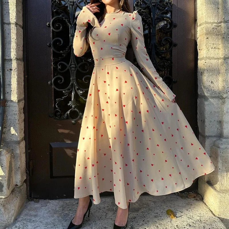 Spring Oneck Swing Maxi Dress Print Lace Up Bow Slim Long Dress Autumn Flare Long Sleeve Party Dress