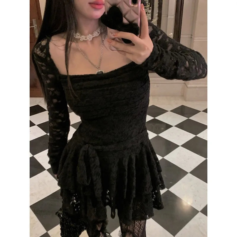 Harajuku Gothic Black Lace Dress Y2k Purple Mini Dress Bodycon Party Dresses Korean Aesthetic