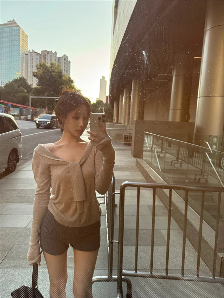 Khaki Ribbon Vneck Long Sleeve Knitted Sweater Korean Style Slim Knitwear Design Aesthetics Clothes