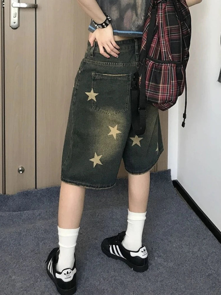 Star Print Denim Jean Shorts Hip Hop Quarter Pants Y2k Oversize Do Old Summer Slouchy Bottoms