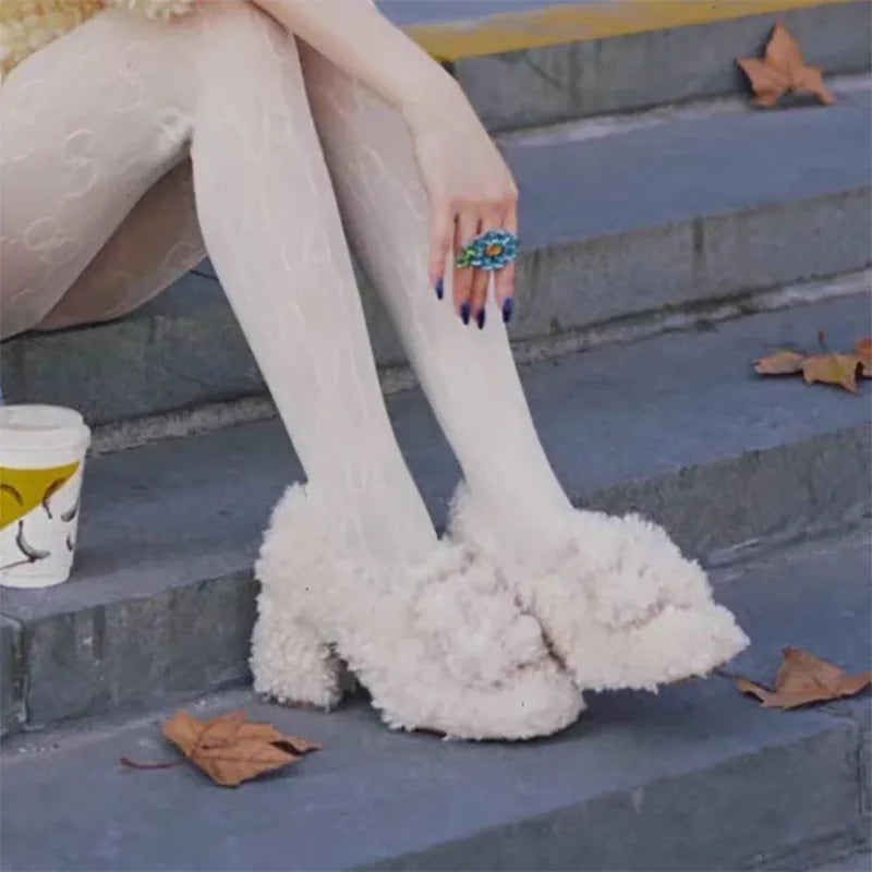 White Teddy Curly Fur Shoes High Heels Winter With Velvet Outer Wear Thick Heels Mary Jane Single Shoes