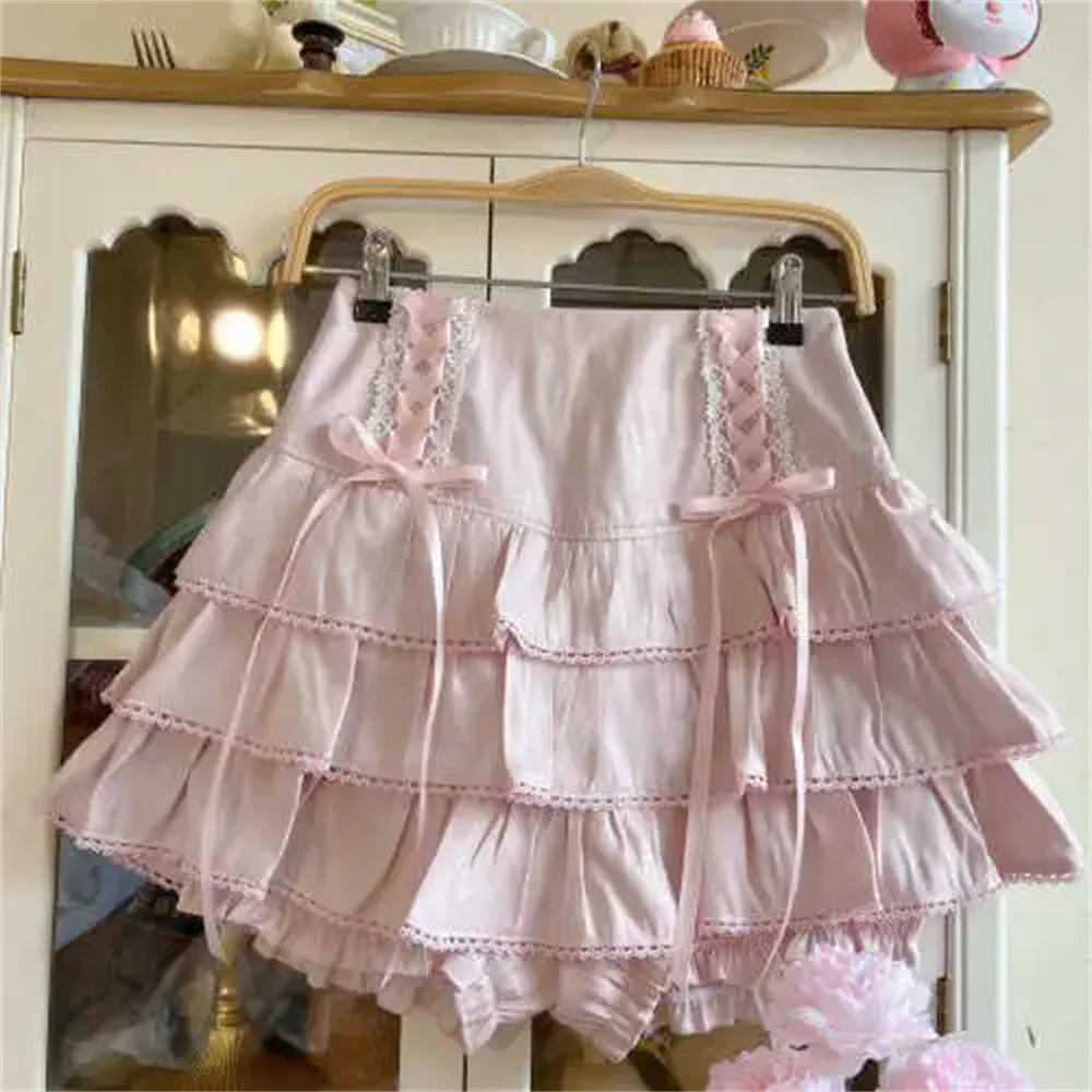 High Waist Bow Laceup Fairy Y2k Aesthetic Cake Mini Skirts Japanese Harajuku Kawaii Lace Pleated Skirts