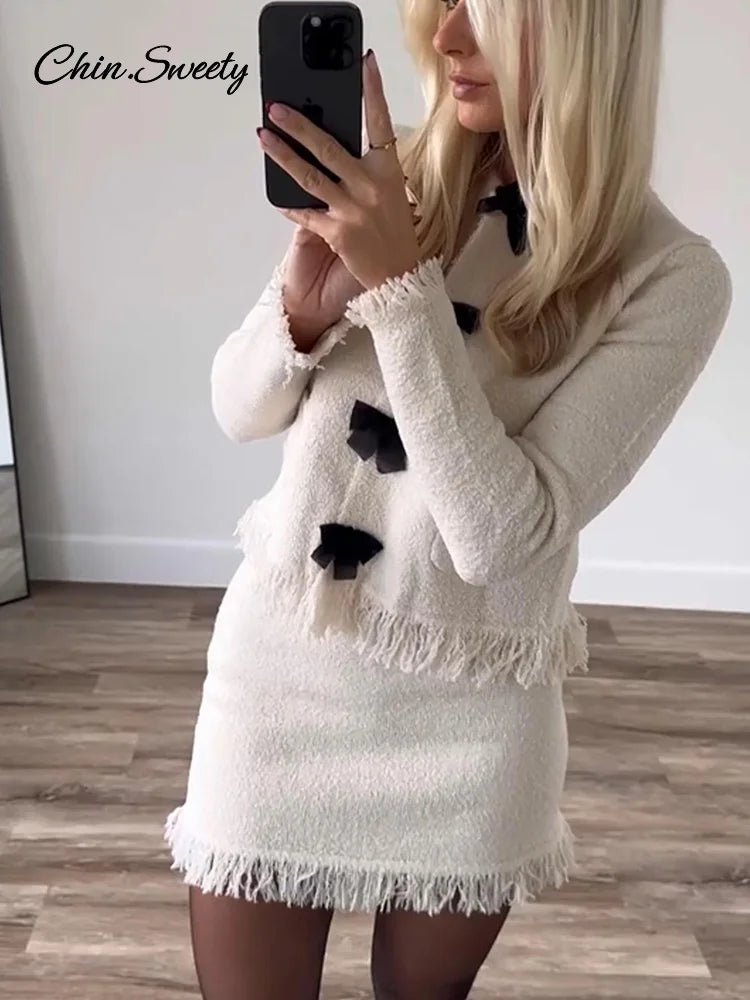 Tassel Knit Skirt Set Bow Buckle O-neck Long Sleeve Cardigan Sweater Mini Skirts Suit New in Matching Outfit