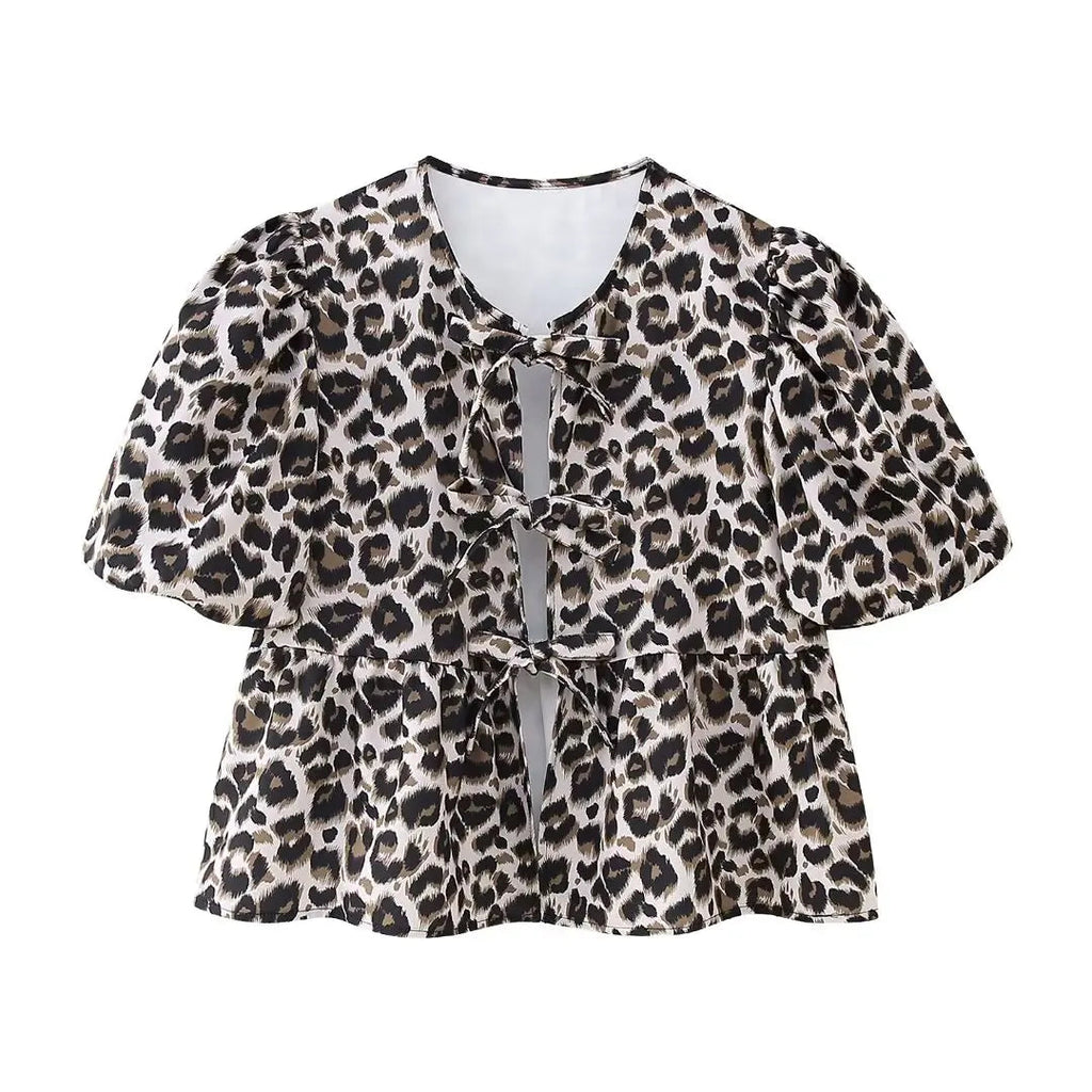 Summer Loose Puff Short Sleeves Tops for Woman Leopard Printed Lace Up Round Neck Tshirt Female Blouse Top