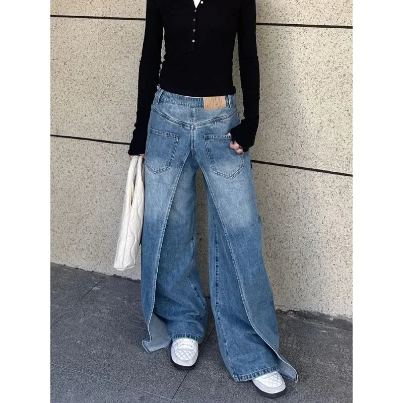Korean Retro Washed Splicing All Match Jeans Spring New High Waist Loose Distressed Denim Wide Leg Pants
