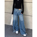 Korean Retro Washed Splicing All Match Jeans Spring New High Waist Loose Distressed Denim Wide Leg Pants