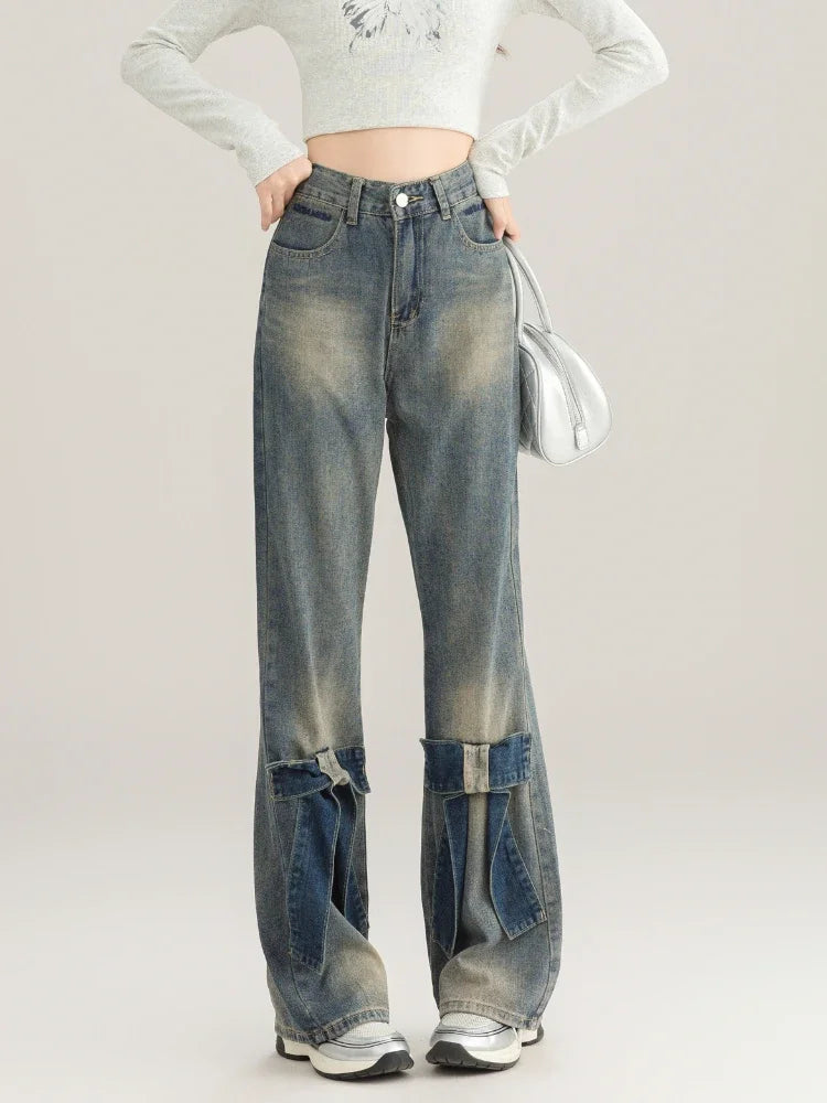 Blue Flared Jeans Kawaii Wide Leg Pants With Bow Korean Style Spring Cutecore High Wasit Denim Trousers