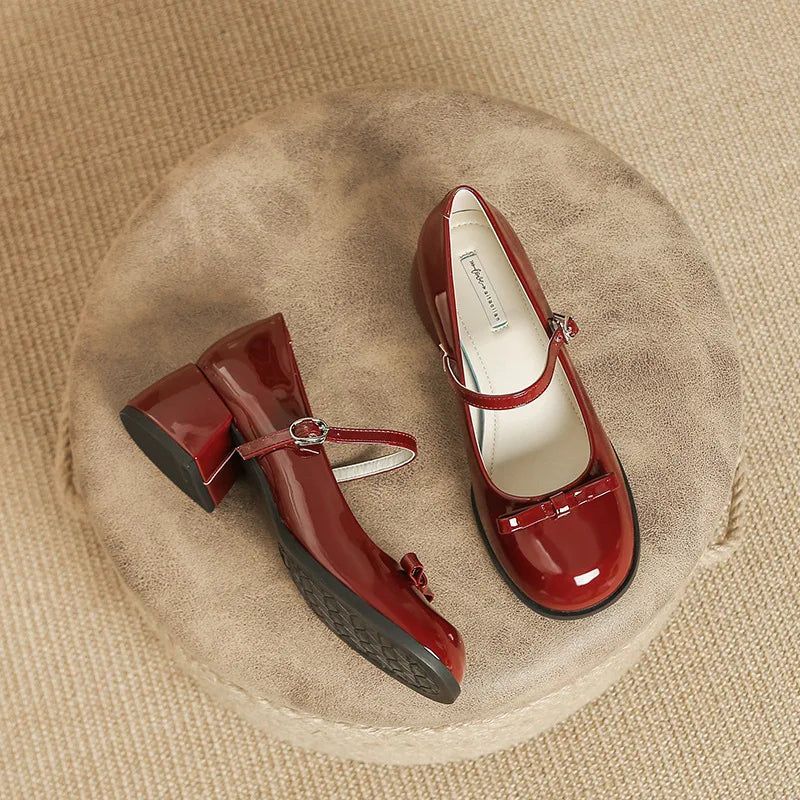Patented Leather Mary Jane Shoes Retro Thick Heel Round Toe Shoes New One Line Buckle Lace Up Single Shoe
