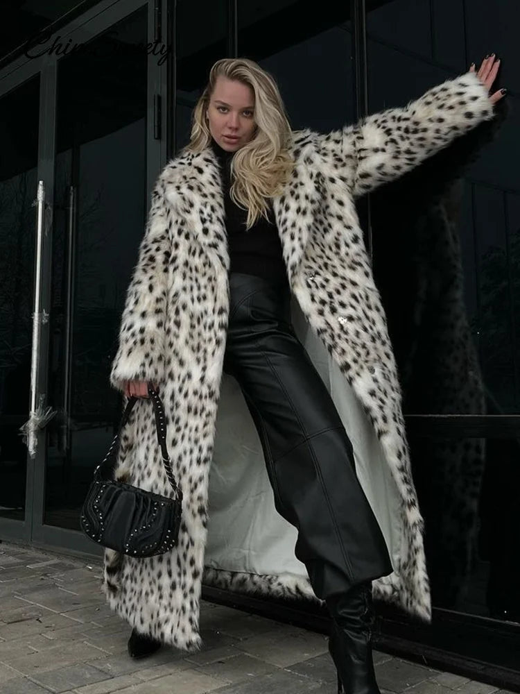 Animal Lapel Faux Fur Long Coat Loose Long Sleeve Pocket Lady Overcoats Autumn Winter Warm Street Thick Outwear