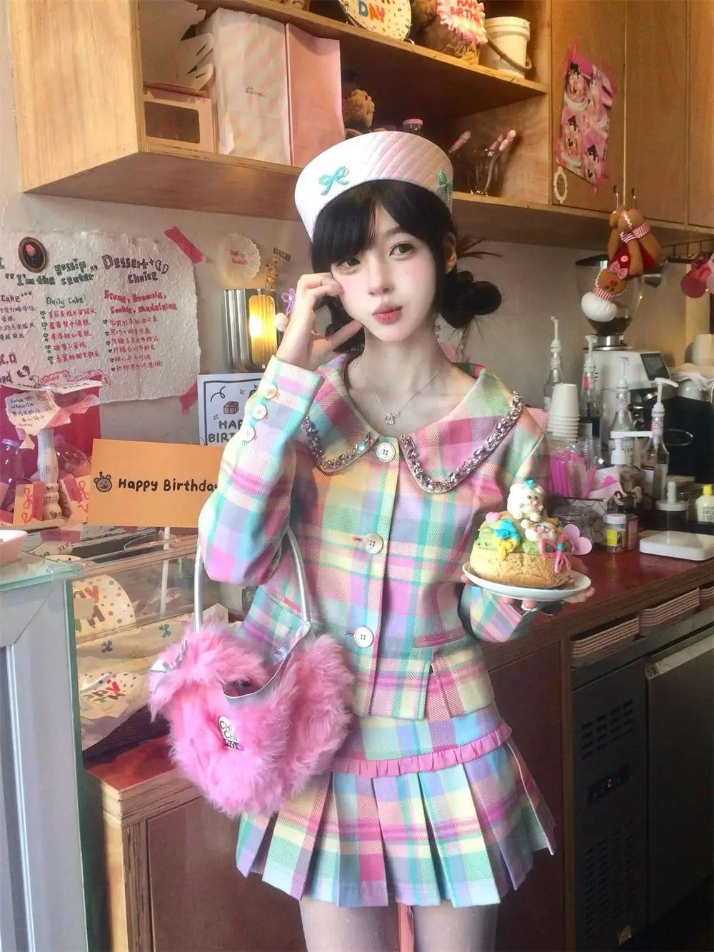 Sweet Rainbow Plaid Skirts Set Autumn New Doll Neck Coat Top High Waist Slim Pleated Short Skirt Two Piece Sets Outfits