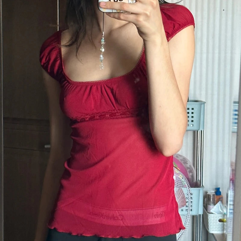 2000s Retro Cottage Milkmaid Crop Tops Fairycore Kawaii Short Sleeve Tees Y2k Aesthetic Preppy T-shirts