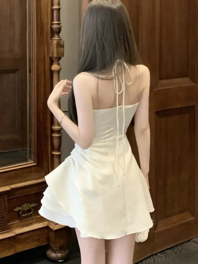 Halter Irregular Jumpsuit Dresses Sweet White Backless Birthday Party Mini Dress Female Pleated Aline Short Vestidos