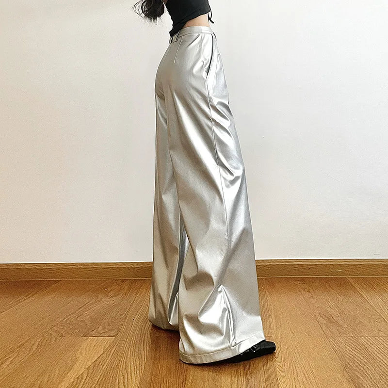Silver Retro Matte Personalized Allmatch High Street Cool Confident Autumn Wide Leg Pants