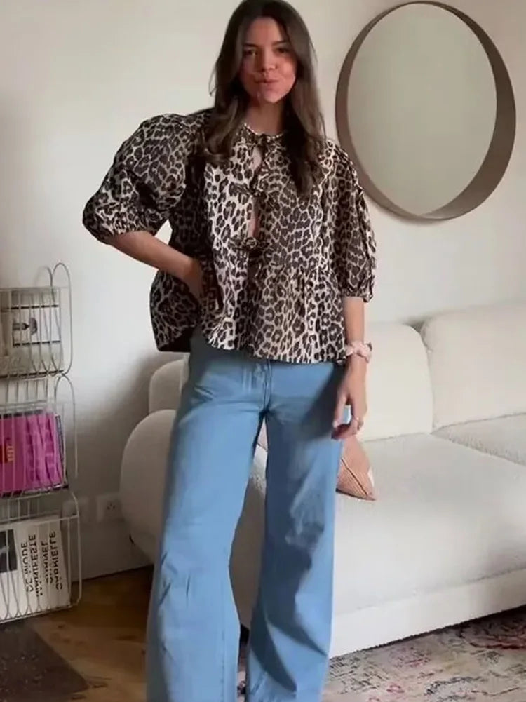 Summer Loose Puff Short Sleeves Tops for Woman Leopard Printed Lace Up Round Neck Tshirt Female Blouse Top