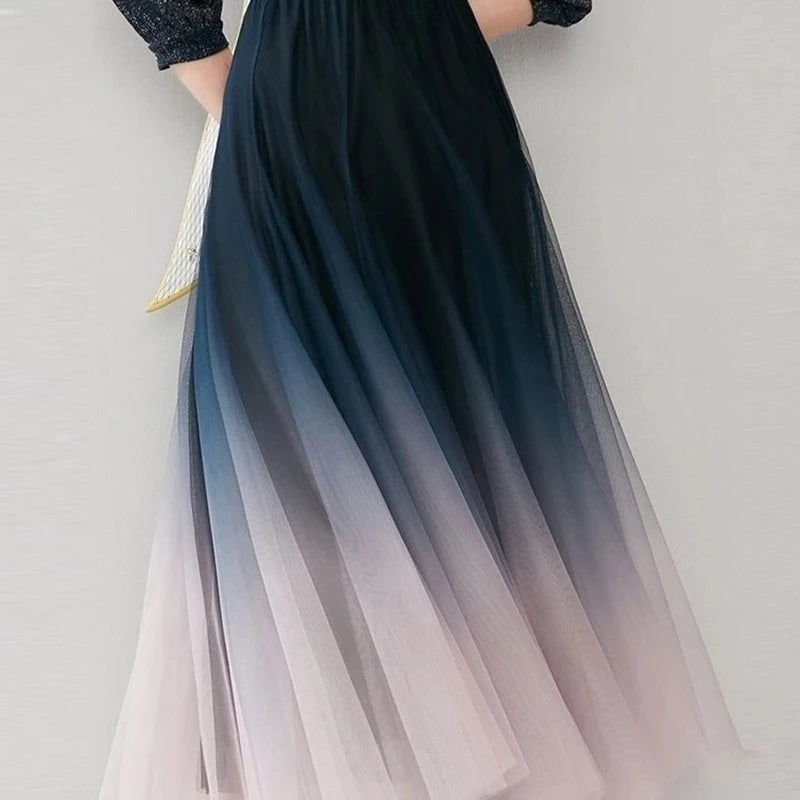 Tulle Skirts High Waist Gradient Mesh Pleated Midi Skirt Korean Elastic Loose All Match a Line Skirt