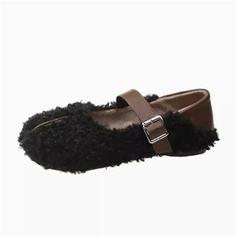 Shoes Woman Flats Loafers Fur Round Toe Autumn Female Sneakers Dress Moccasin Fall Winter Leisure Buckle Strap Flock Rubb