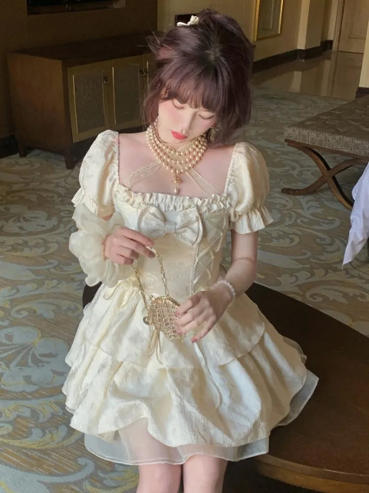 Sweet Mini Dress for Bow Puff Sleeve Princess Birthday Party Short Dresses Korean Laceup Aline Vestidos Mujer