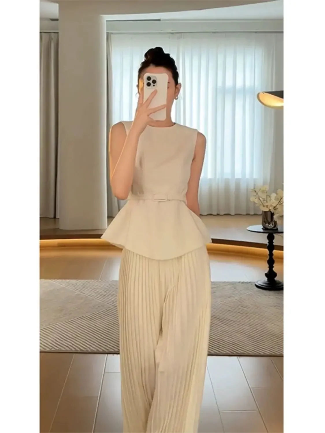 Sleeveless Top Waist Belted Slim Tank Top Pleated Wide Leg Pants Set Commuting Professional Two Piece Set Outfits