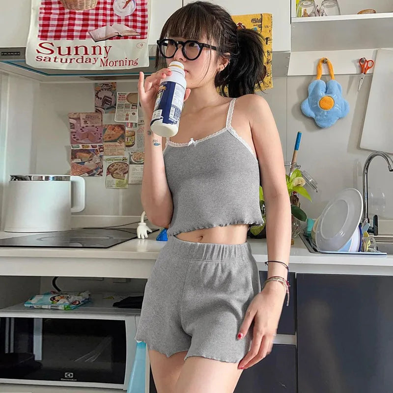2 Pieces Sets Lace Trim Ribbed Tank Top and Shorts Woman Matching Set Clothing Summer Outfits Lounge Wear