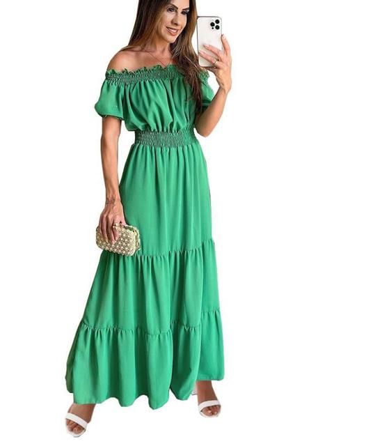 Summer Vestidos Red Short Sleeve Club Party Evening Long Dress Slim Color Robe Ruffles Elastic Waist Slash Neck