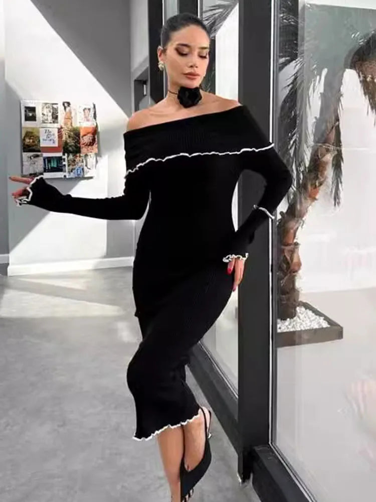 Fall Winter One-shoulder Long Knit Dress Slim Fungus Splice Contrast Color Sweater Female Club Party Dresses