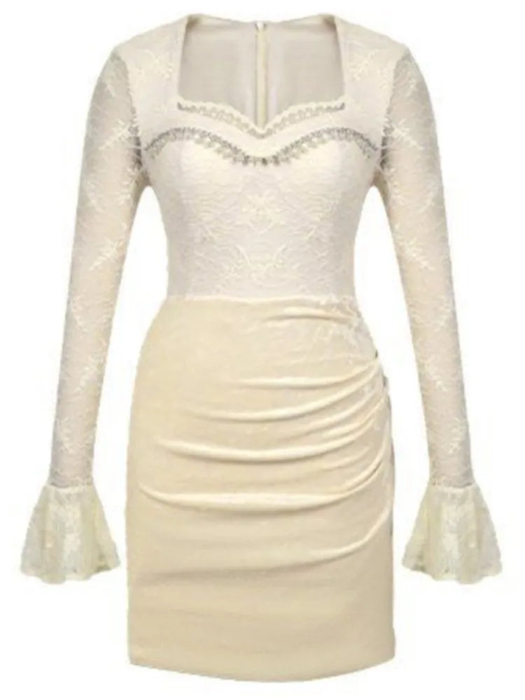 Lace Patchwork Dresses Flare Long Sleeves Bodycon Evening Party Mini Dress Spring Female Slim Vestidos Mujer