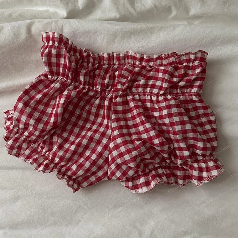 90s Cottage Plaid Shorts Elastic Slim Fit Bloomers Pants Kawaii Loungewear Fairy Retro Y2k Knickers Bottom