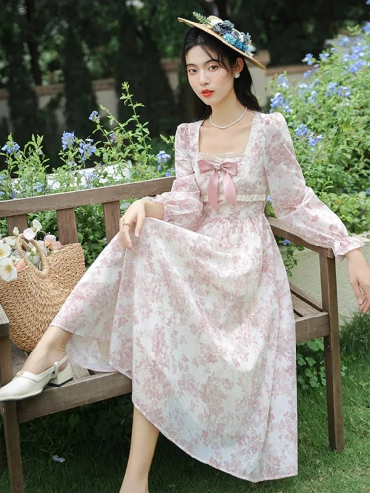 Sweet Pink Princess Dress Bow Petal Sleeve Print Flattering Waist Romantic Lady Midi Dresses Robe Rose Vestidos