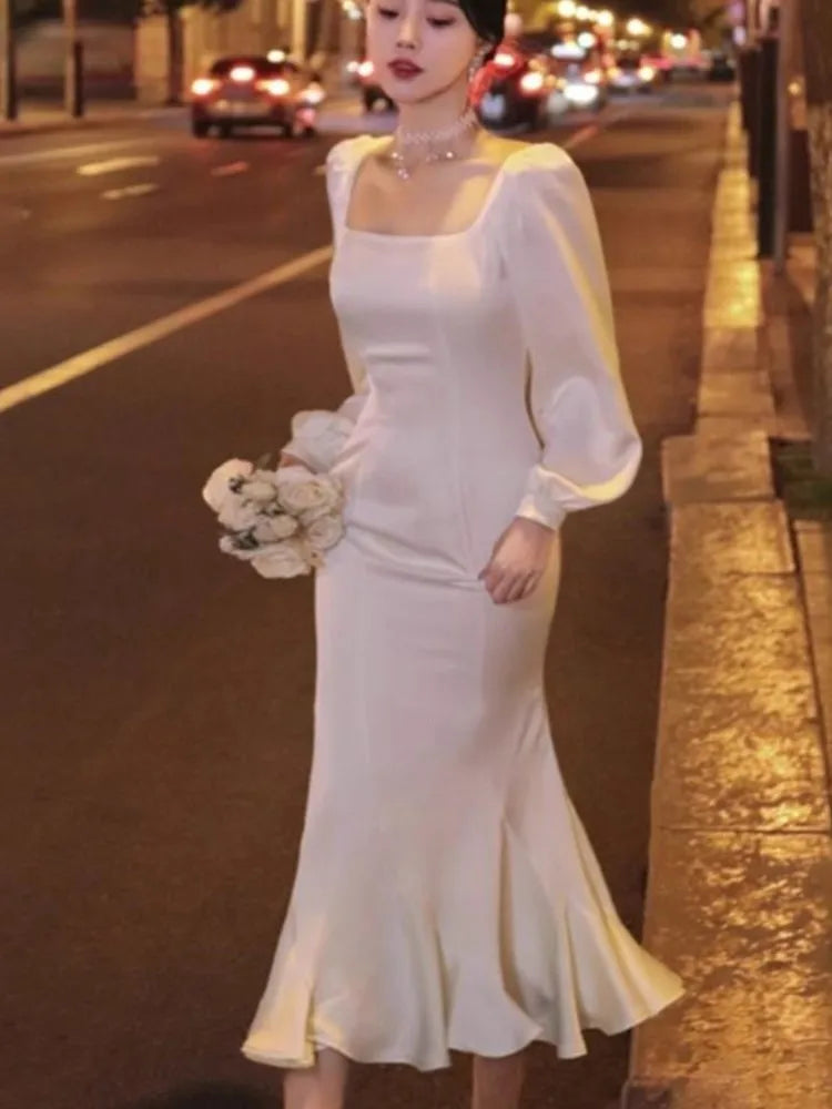 Spring Ruffles Midi Dress Evening Party Prom Vestidos Summer Long Sleeve Female Clothes Robe Korean