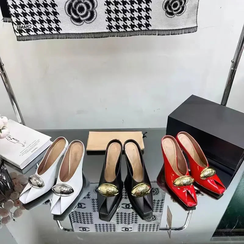 European and American Metal Buckle Slim High Heel Muller Fish Mouth Sandals Pointed Nightclub Runway Shoes